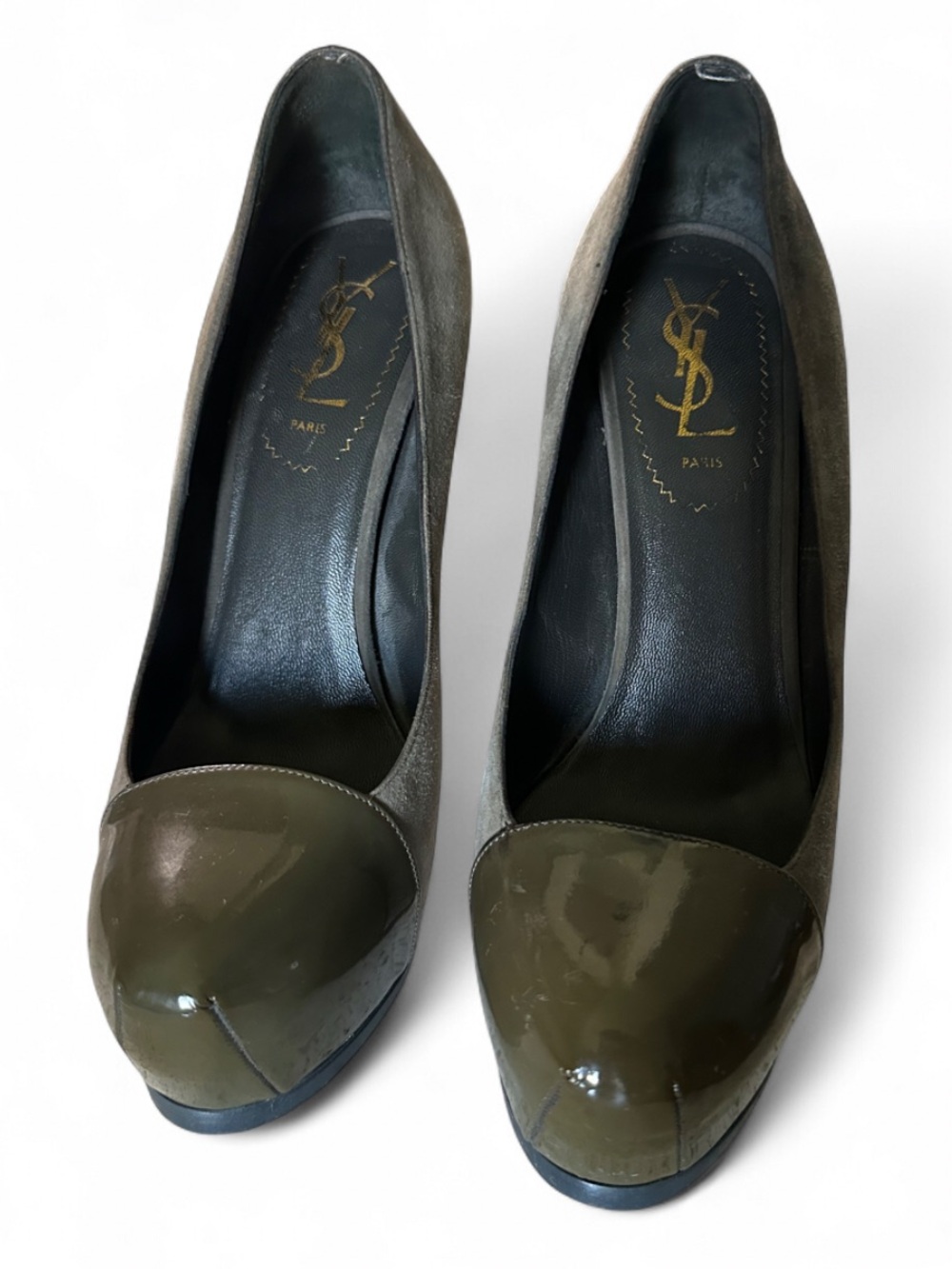 YSL Olive Suede Platform Pumps with Patent Toe - Picture 6 of 10